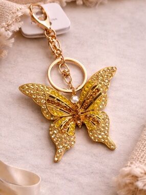 Gold Rhinestone Butterfly Keychain Bag Charm NEW